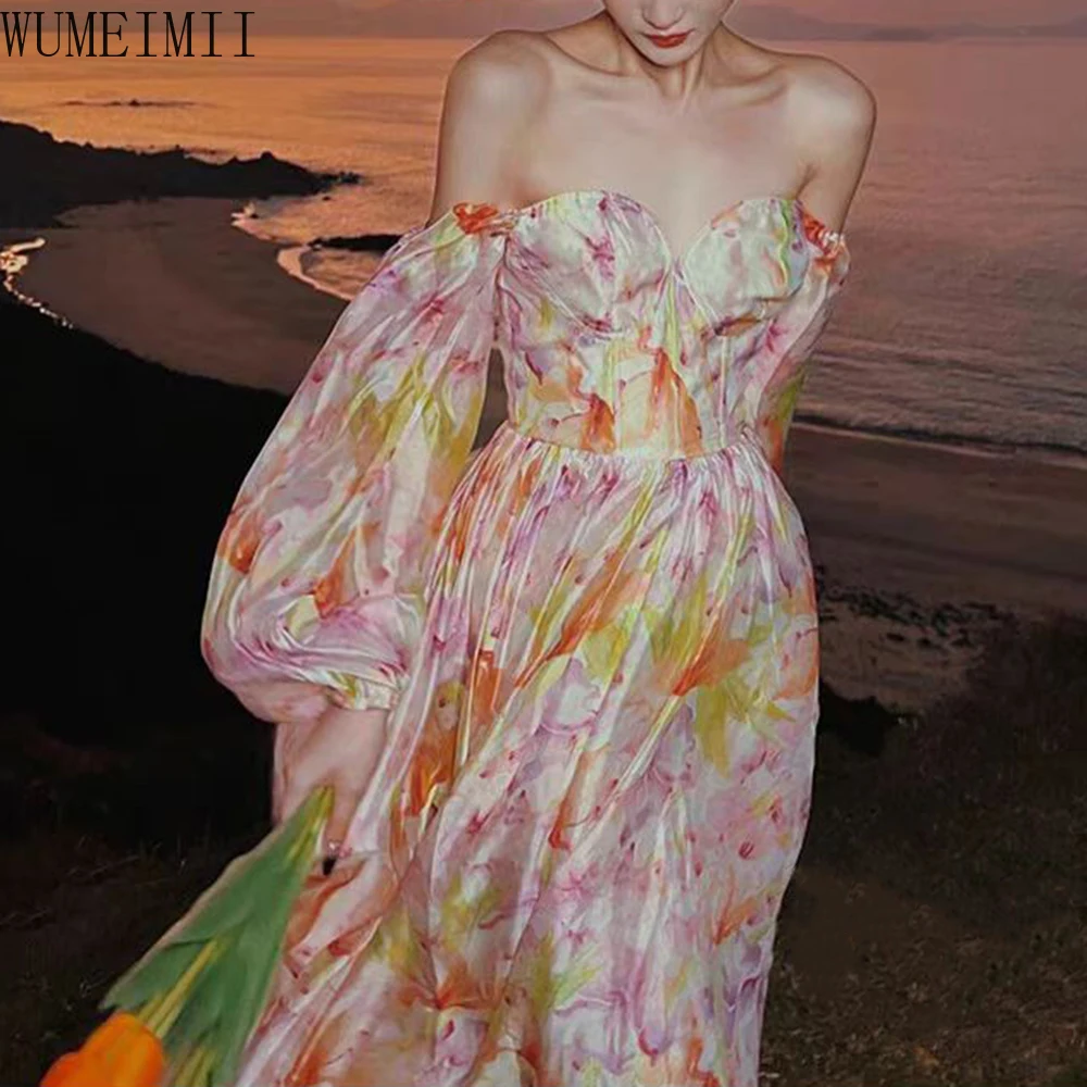 

French romantic iris one-word neck lantern sleeve tube top dress women's 2025 new chiffon print princess dress