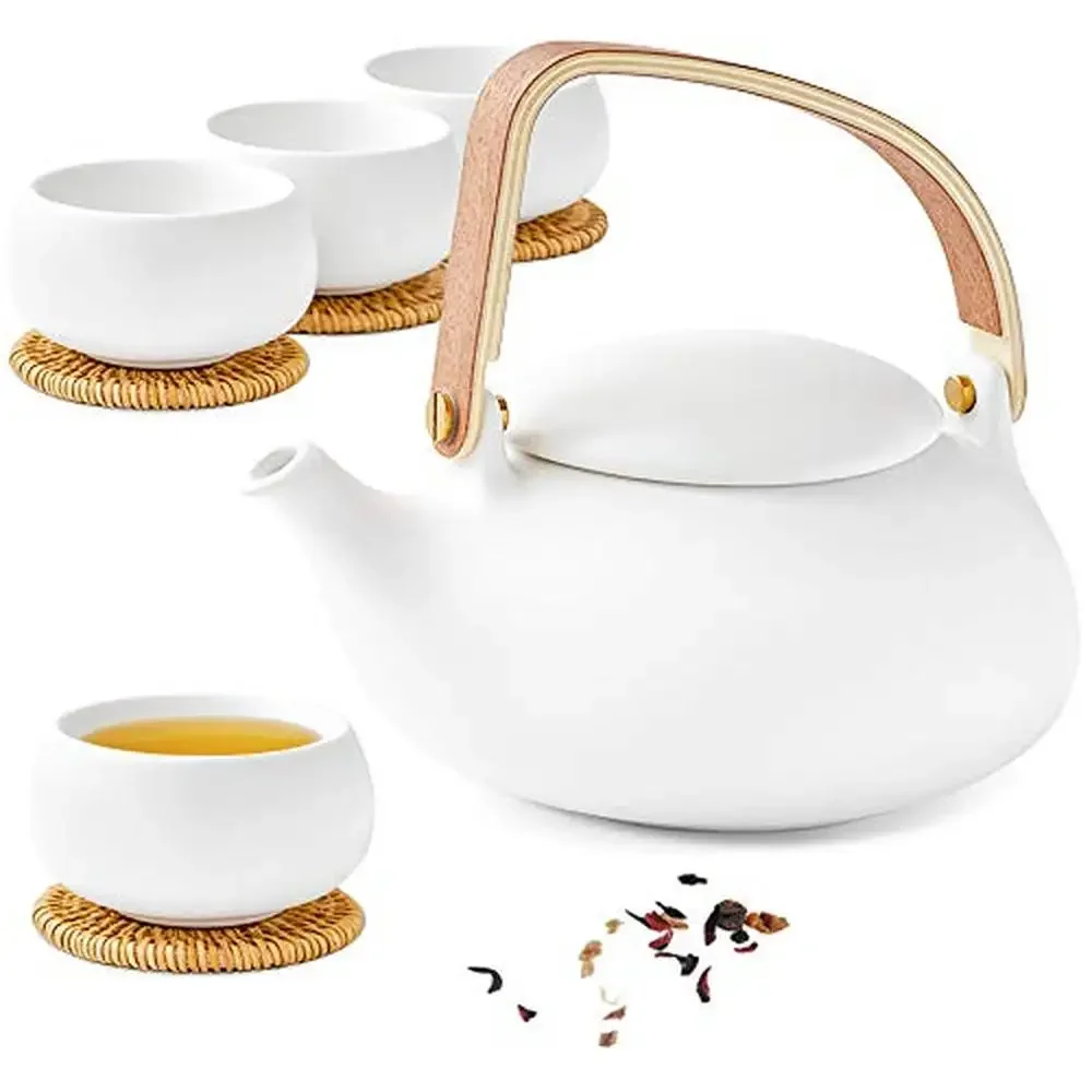 27 oz Japanese Teapot Set with Fine Mesh Tea Strainer and 4 Cups Modern Ceramic Tea Steeper Wood Handle Matte Ideal Gift Tea