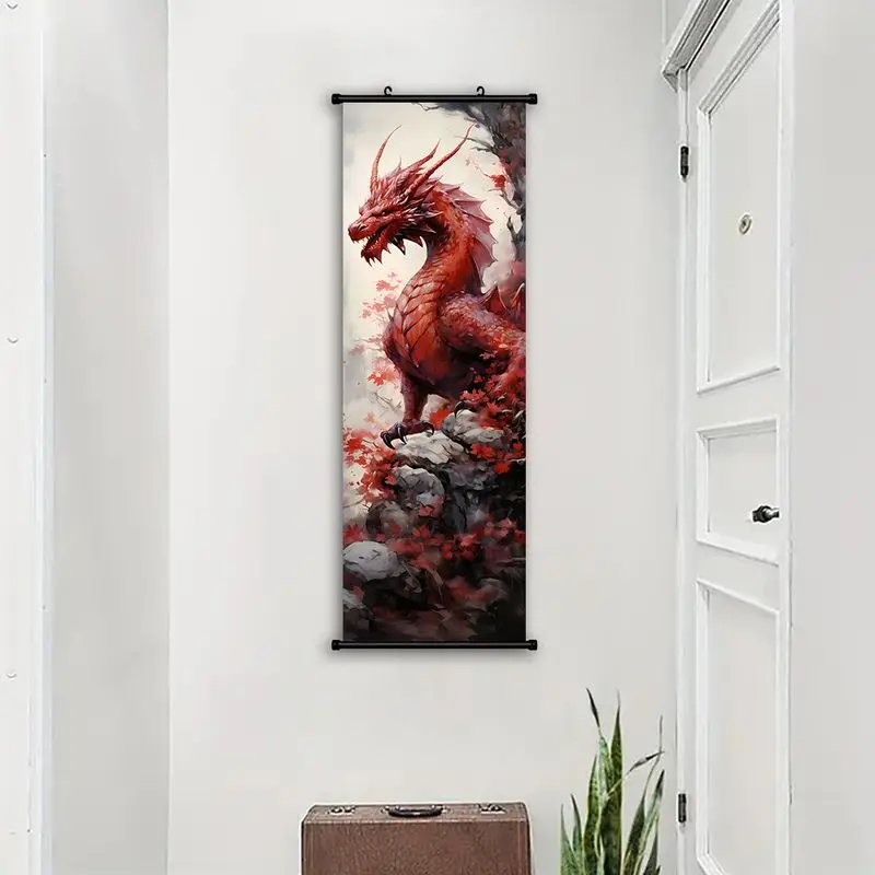 Vertical Scroll Red Dragon Tapestry Red Dragon Decoration Fantasy Oriental Scroll Mural Living Room Entrance Wall Room Decor