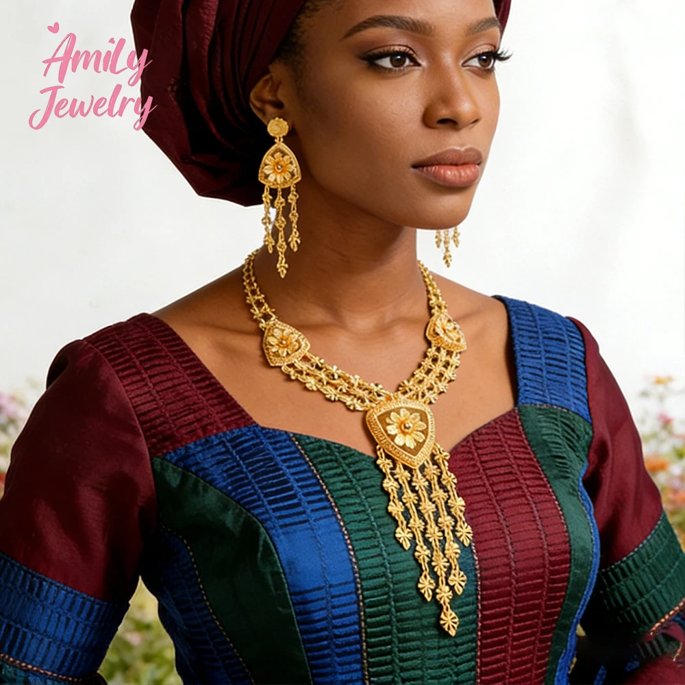 

Dubai Jewelry Flower Drop Earring Necklace African Luxury Earring Lady Jewelry Set Gold Color Necklace Set Wedding Party Gift