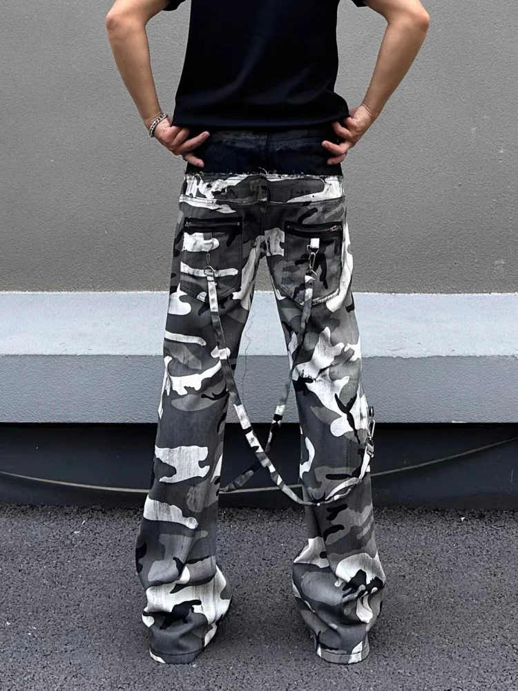 2026 Cyber Y2K Streetwear Strap Design Washed Camouflage Patchwork Baggy Jeans Pants For Men Clothing Punk Gothic Long Trousers