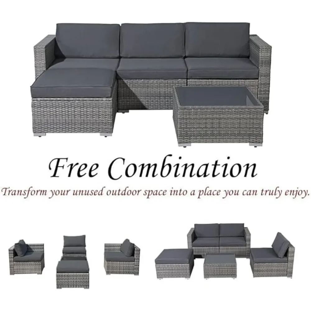 5 Piece Outdoor Patio Furniture Set, Outdoor Sectional Conversation Set, All-Weather PE Wicker w/Cushions