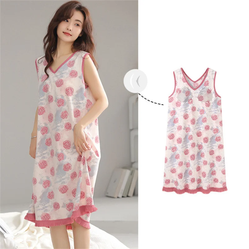 M-4XL Bra Sleepwear Women\'s Nightgowns Sexy Sleeveless Printed Night Shirt Large Size Cotton Nightdress Casual Home Wear Dress