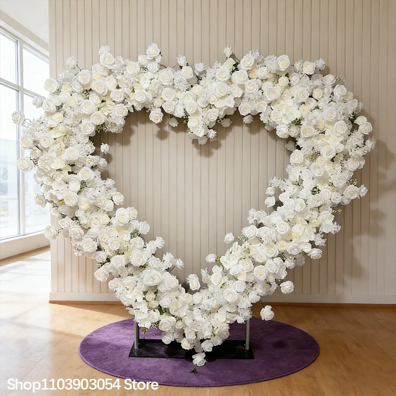 5D Weiße Rose Schleierkraut Herzförmiger Hochzeitshintergrund Blumenbogen Rahmen Dekoration Blumenreihe Arrangement Ständer Event-Requisiten – Detail 2