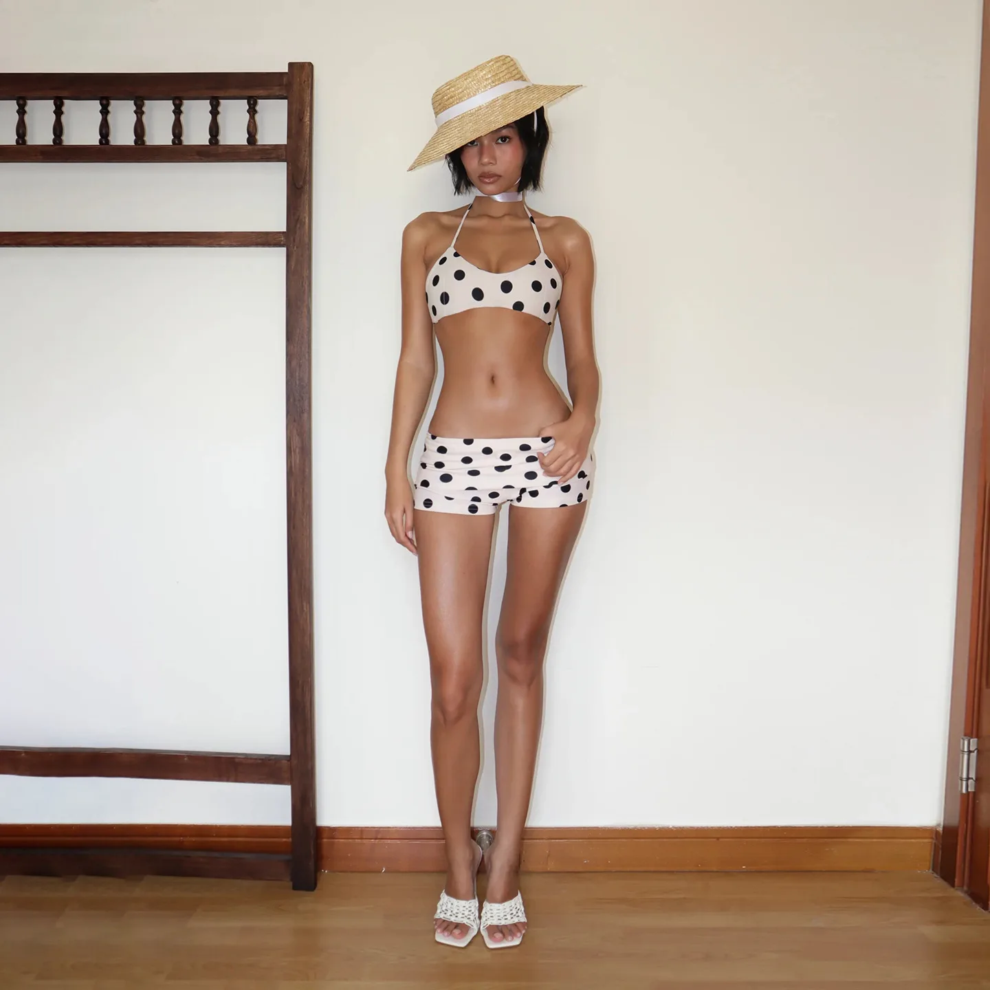 Two-Piece Suits Vintage Beach Vacation Hot Spring Polka Dot Babes Shorts Bikini Set Neck Suspender Solid Color Shorts