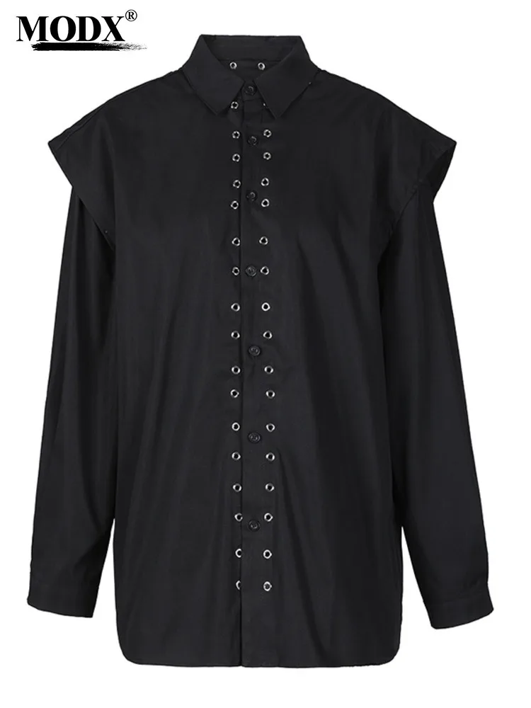 

[modx] Black Rivet False Two Big Size Casual Blouse Women New Lapel Long Sleeve Shirt Fashion Tide Spring Autumn 2024