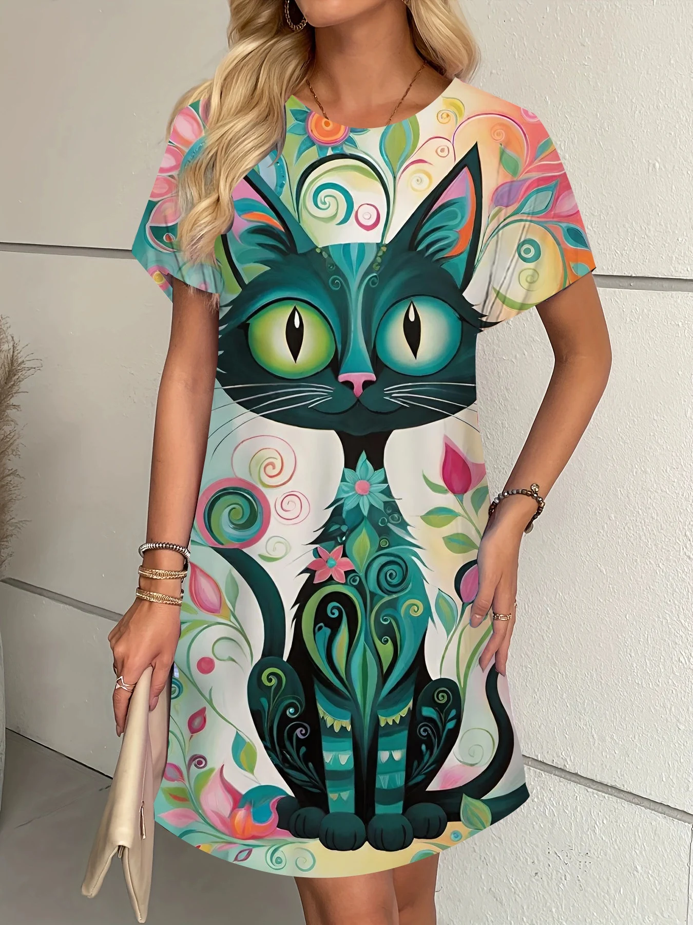 3D fun cartoon cute cat printed pattern dress, women's short sleeved round neck casual A-line mini dress