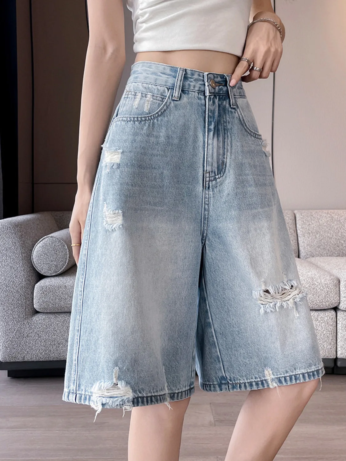Women High Waist Distressed Denim Bermuda Shorts Wide Leg Ripped Jean Shorts Vintage Wash Casual Summer Y2K Streetwear Cotton view 5