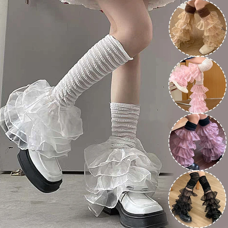 

Japanese Harajuku Dance Leg Covers Y2K Lace Ruffled Leg Socks Women Cute Knee Length Sock Multi-layer Wavy Edge Ballet Stockings