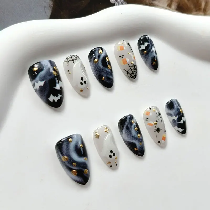 10 Stück 3D Geister-Kürbis Katzenaugen-Kunstnägel mit rauer Textur, Halloween-Nägel, europäische & amerikanische Nagelaufkleber, künstliche Nägel – Detail 13
