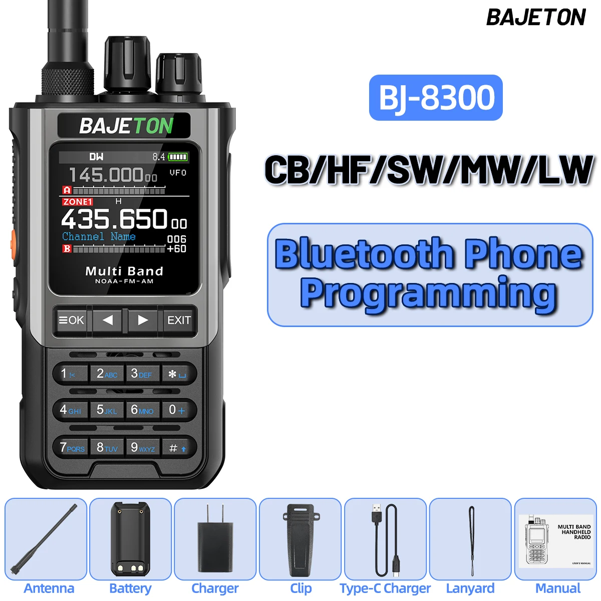 BAJETON BJ-8300 Ham Radio SW AM SSB CB Amateur Draadloze Bluetooth Telefoon Programmering Walkie Talkie NOAA Handheld Two Way Radio