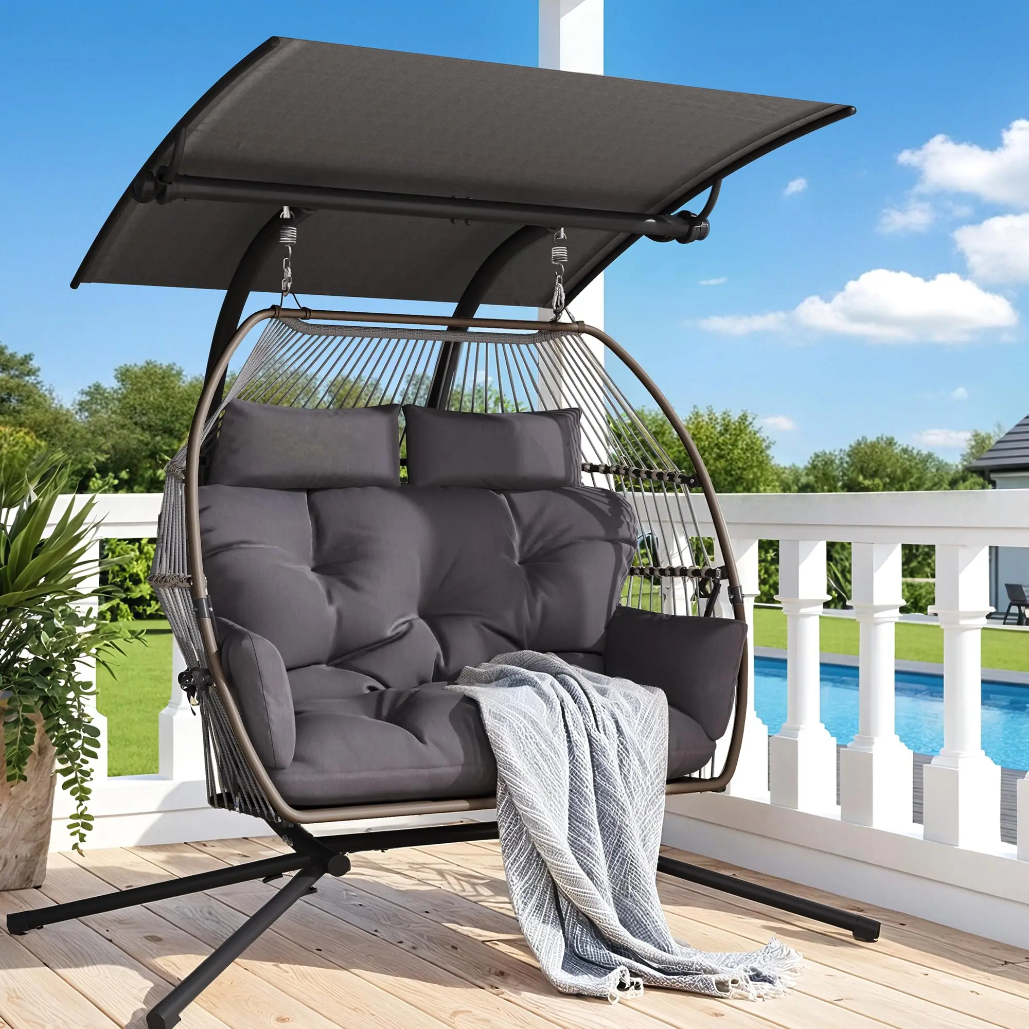 Oversized Double Hanging Swing Chair with Removable & Adjustable Canopy, Double Egg Chair, Outdoor Hammock Egg Chair