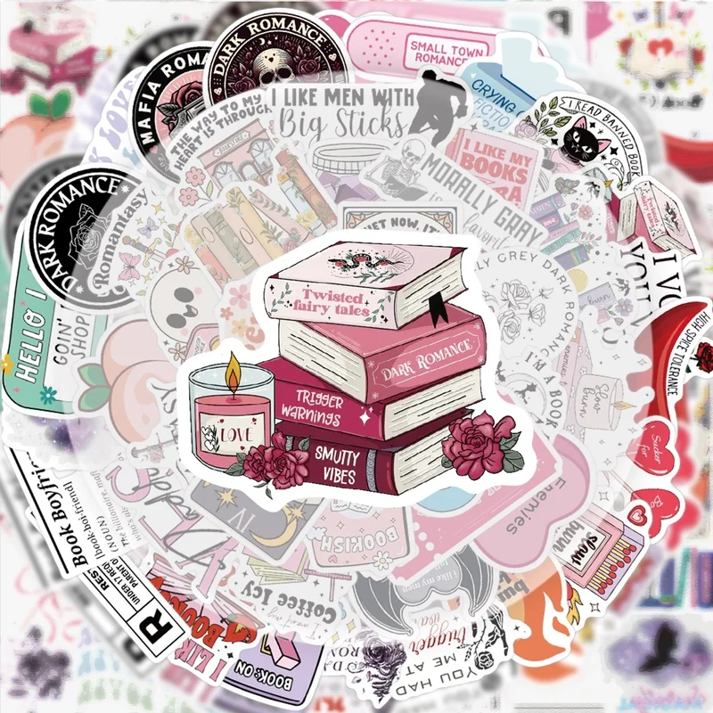 50 Romantic Reading-Themed Stickers, Vibrant Sticker Decals Suitable for Water Bottles, Laptops, Phone Decorations, Suitcases, Skateboards, Guitars, Gift Boxes, and Party Decorations