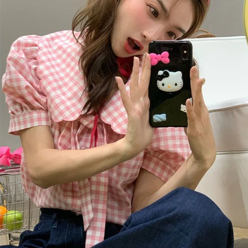 Pink Plaid Shirts Women Peter Pan Collar Sweet Panelled Girlish Bandage Temper Kawaii Clothes Baggy Summer  Korean Fashion