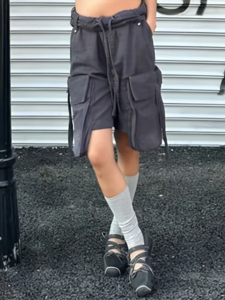 PBAP Women Wide Leg Cargo Jeans Jorts Big Pockets Plain Fold Over Drawstring Waist Bermuda Short Pants Vintage Summer Workwear