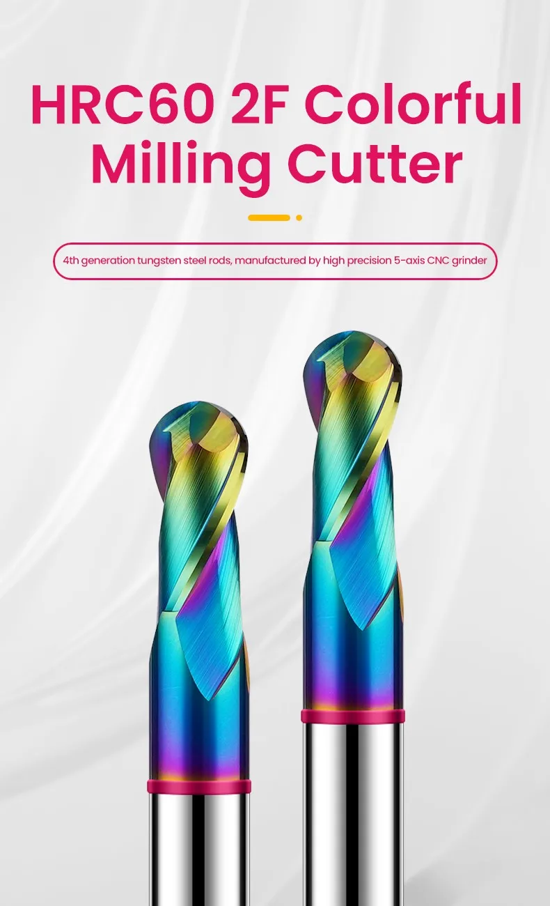 AZZKOR 2-Schneiden-Fräser mit farbiger Beschichtung aus Wolframstahl-Karbid für Aluminium, Kugelkopf-Fräser, CNC-Bearbeitung, Fräswerkzeug TGP-HRC60 – Detail 1