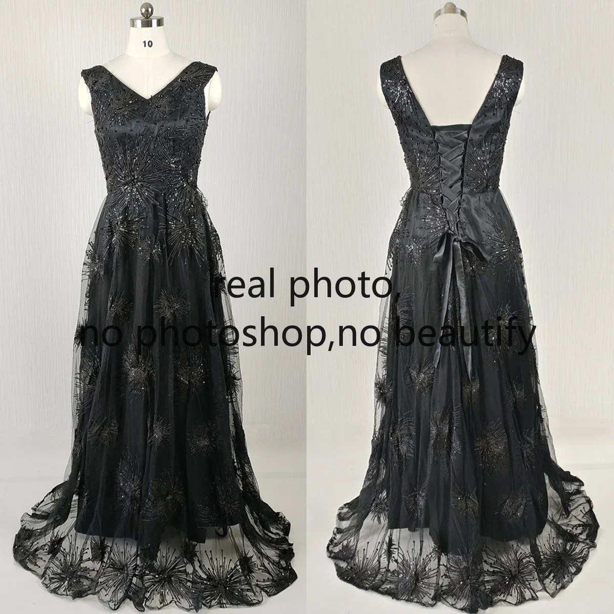 Vestidos de noite preto novo beading renda com decote em v sem mangas plus size personalizado a linha até o chão vestido formal feminino 2020 r1323