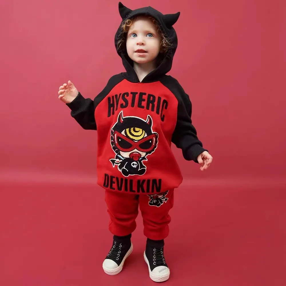 2024 Autumn and Winter Trendy Brand Children\'s Clothing Black Super Devil Pattern Children\'s Fleece Sweatshirt Set