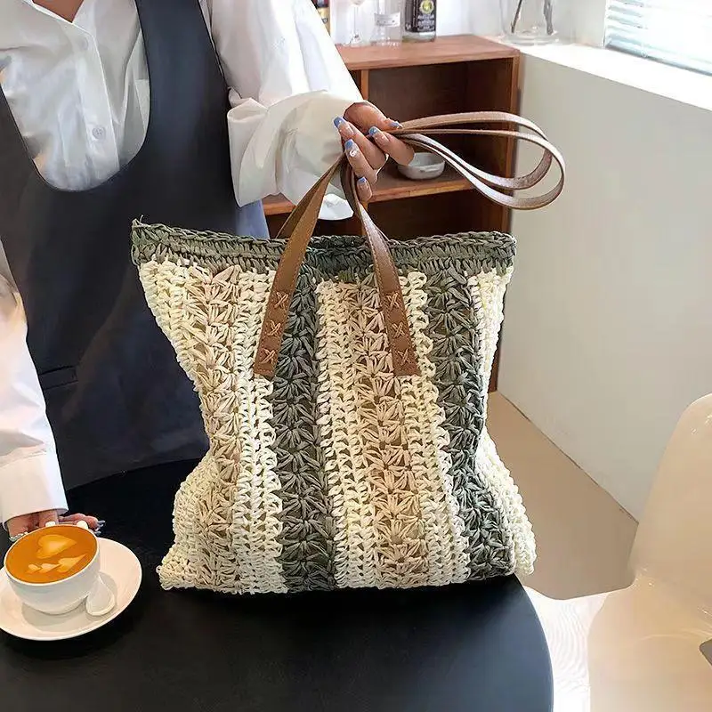 Summer Handmade Bags for Women Beach Weaving Ladies Straw Bag Wrapped Beach Bag Square shaped Top Handle Handbags Totes