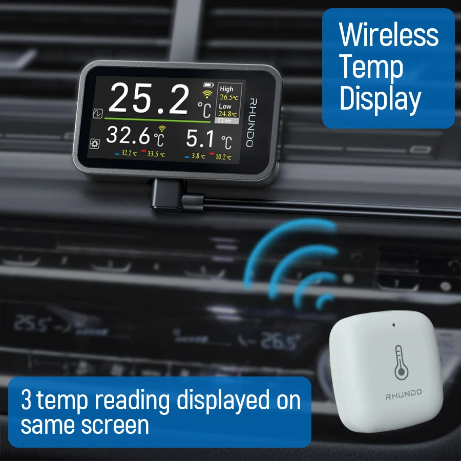 Wireless Car Digital Thermometer Outdoor Indoor Temperature Alarm Clock IPS TFT Color Display Screen 3 Readings RHUNDO RW-T11