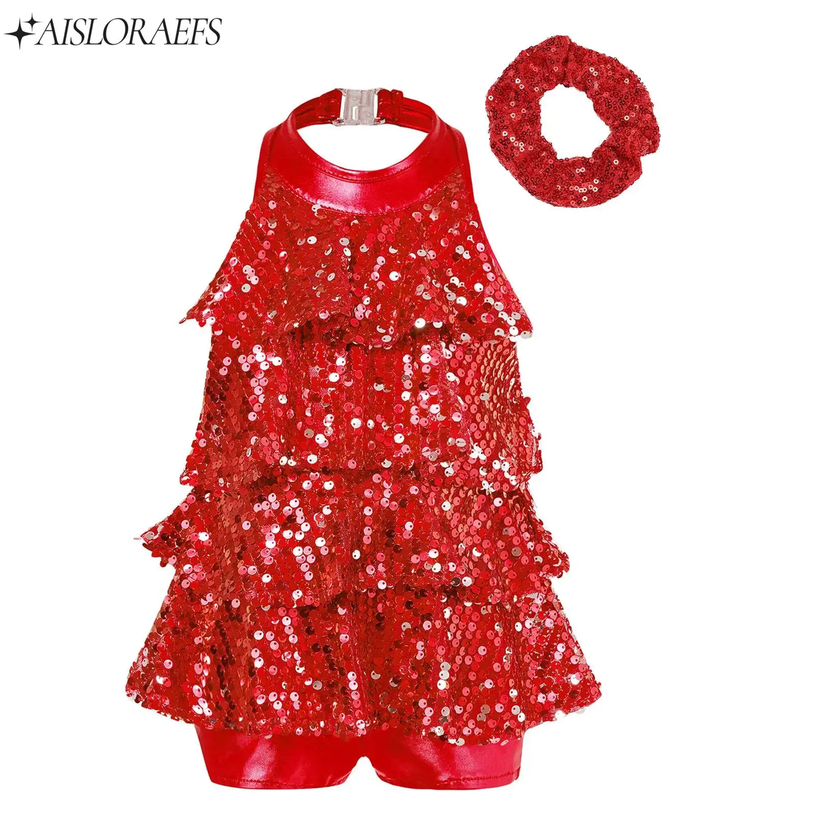 

Girls Halter Sequins Ballet Dance Shorty Unitard Dress Gymnastics Modern Jazz Latin Chacha Dance Performance Costume with Hats
