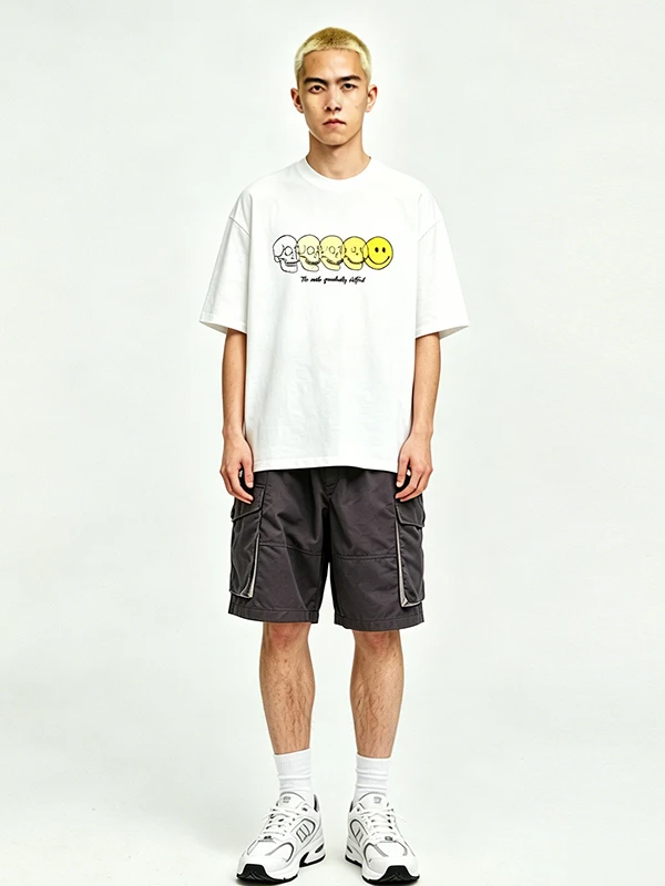 American Gradient Skeleton Happy Face Creative Print Heavyweight Pure Cotton Oversize Loose Couple Short Sleeve T-Shirt Summer