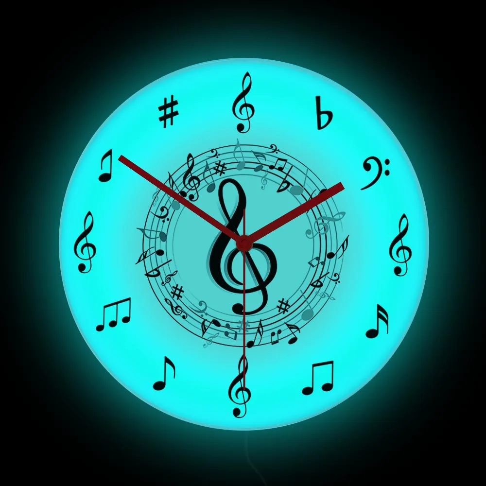 Music Notes LED Lighted Wall Clock Treble Clef Neon Sign Notation-G Home Decor Modern Design Luminous Wall Clock Musicians Gift