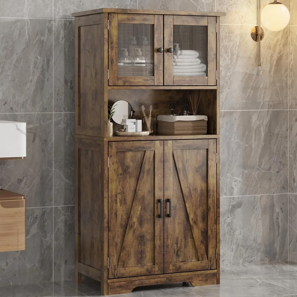 Bathroom Cabinet, Freestanding Floor Linen Storage Cabinet, Kitchen Pantry Storage Cabinet with Glass Doors & Adjustable Shelves