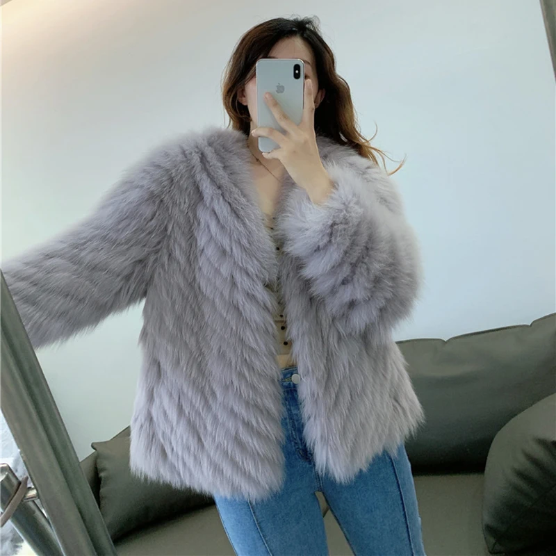 Women\'s Natural Fur Coat Winter New High Quality Strip Fox Fur Jackets Young Lady V-neck Korean Fashion Simple Kurtka Futro Tops