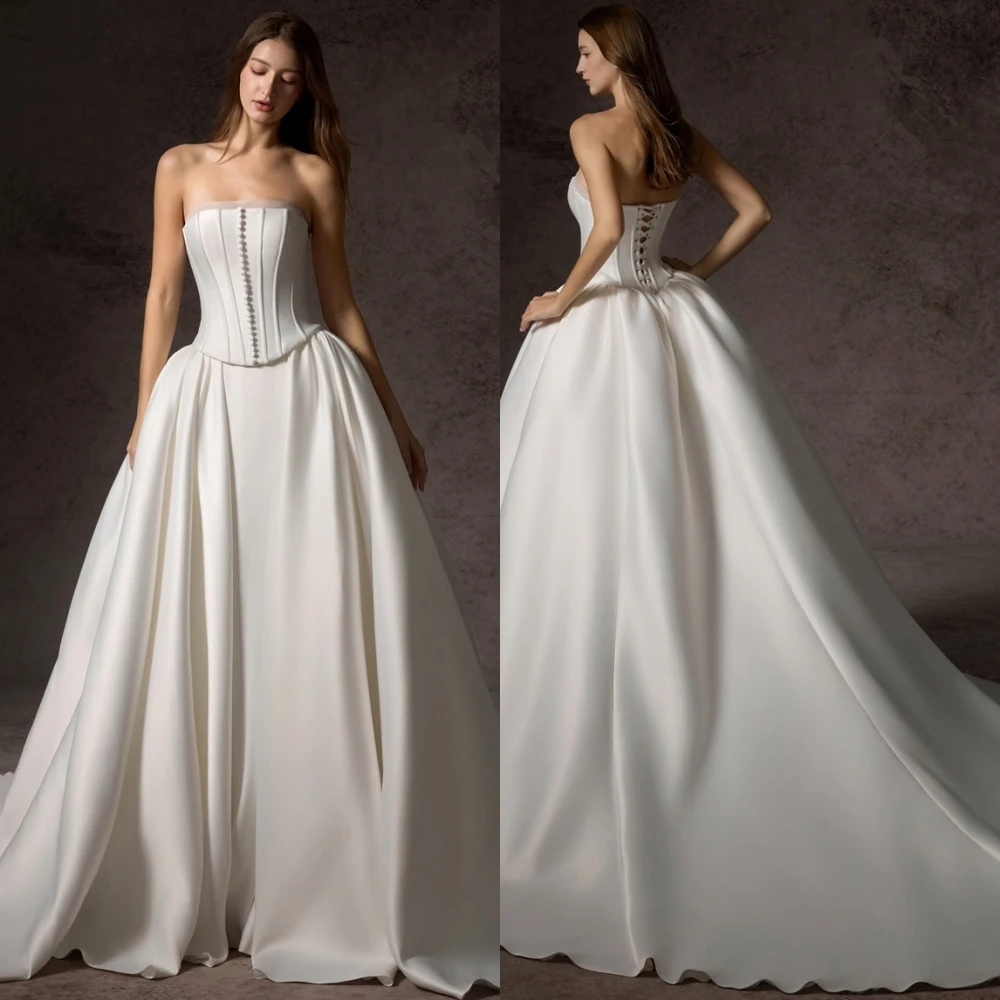 

Customized Elegant Strapless Satin Evening Dress Classic Chapel Train Prom Dresses Fashion Sleeveless Special Occasion Gowns