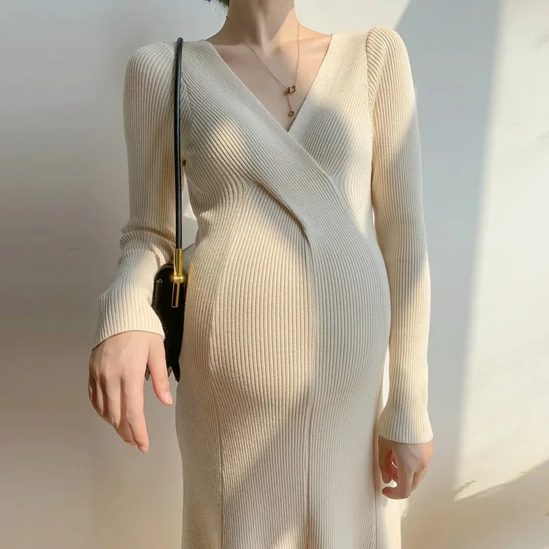 Women Knitted Maternity Dresses Plus Size Elasticity Daily Clothes Winter Long Sleeve Photography Pregnancy Dress Inside Cloth