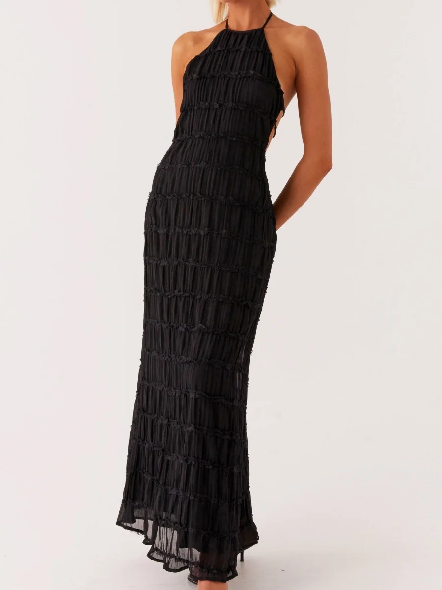 المرأة أنيقة عارية الذراعين فستان طويل الرسن التعادل الرقبة فستان ماكسي الصلبة فلوي شاطئ عطلة فستان الشمس الصيف الشارع الشهير #5