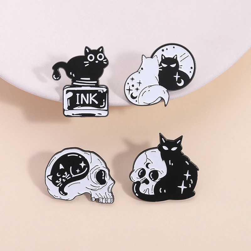 Gothic Punk Luna Black Cat With Skull Enamel Pin Moon Phases Witchy Halloween Brooches Lapel Badge Jewelry Gifts For Friends