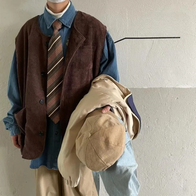 

Men's Vintage Corduroy Vest Japanese Style No Collar Casual Layered Blazer Outerwear Spring Autumn 2025