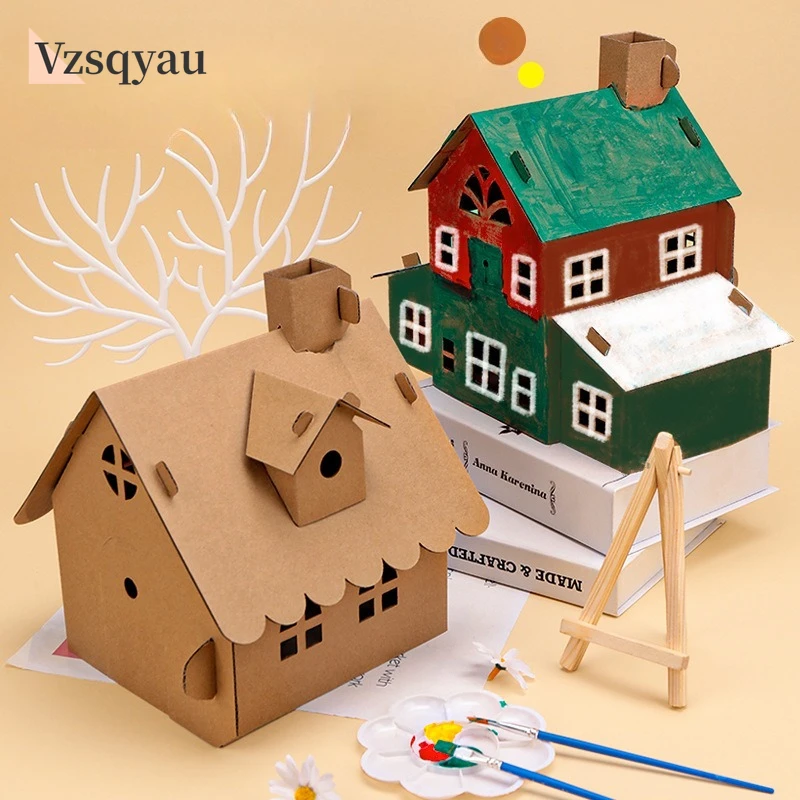 1SET Christmas DIY Paper House Multi Type Xmas Houses Tree Fence Set For Noel Home Decoration Kids DIY Painting Crafts Gifts New