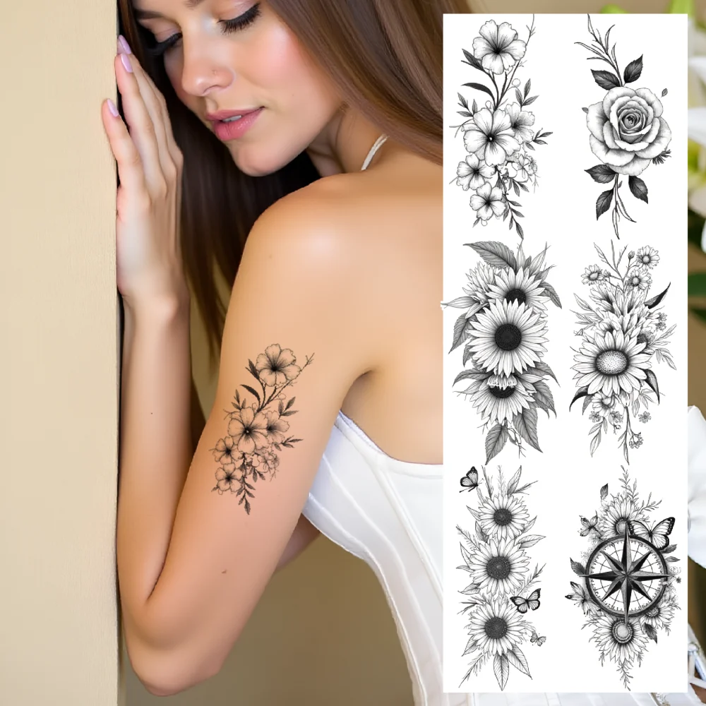 

9pcs Temporary Tattoo Dragonfly Temporary Tattoo Stickers Floral Arrangement Flower Bouquet For Thighs Arms Adults