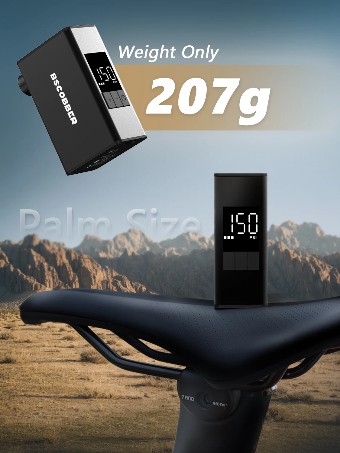 BSCOBBER Mini-Luftkompressor, Fahrradpumpe für Mountainbike-Reifen, tragbarer Fahrradreifenfüller mit digitaler Anzeige, 150 PSI, Kies – Detail 4