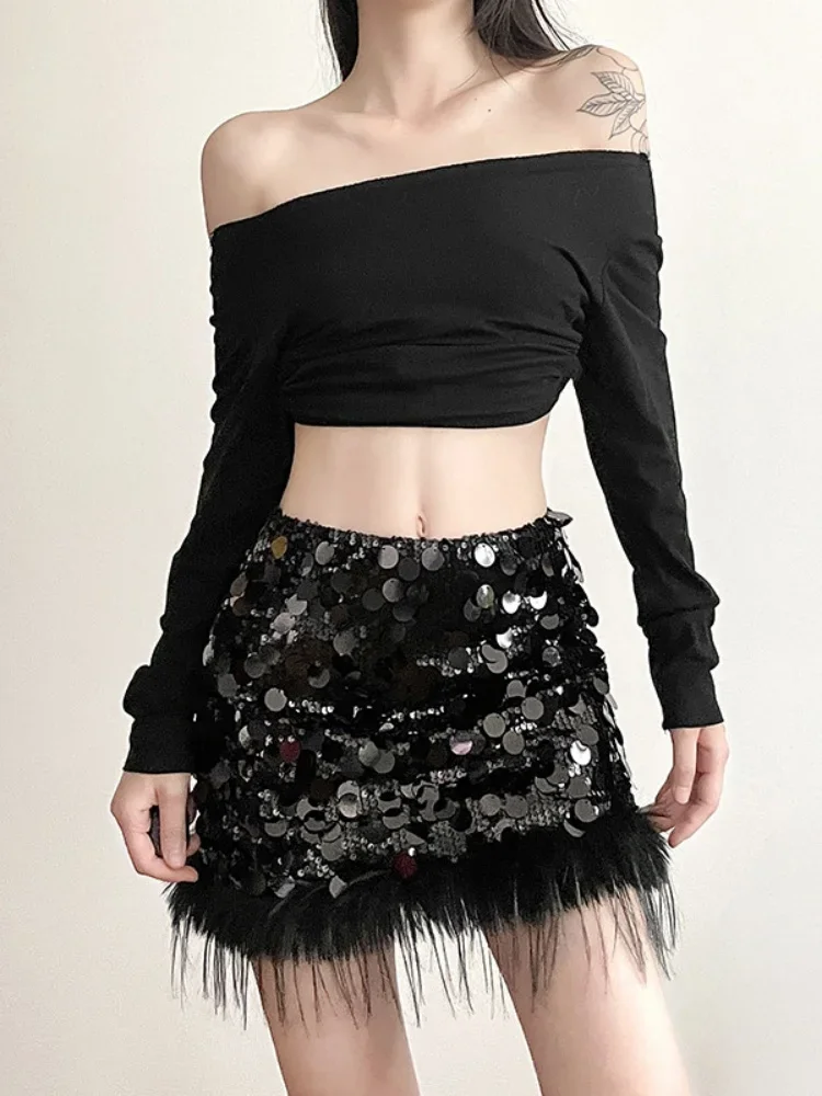 Sexy Mini Skirt Y2k Slim Women Clothing Feather Streetwear Sequined A-Line Faldones Para Mujer High Waist Casual Fashion Outfits