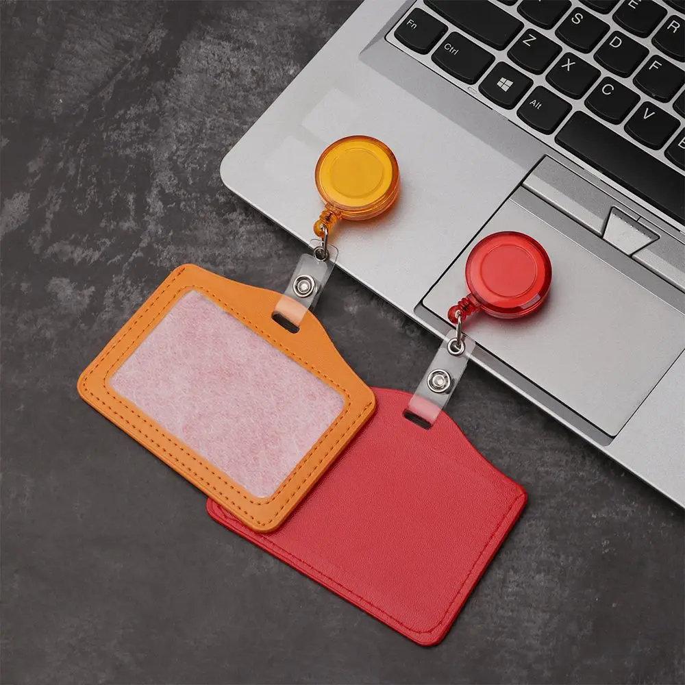 Leather Office Supplies Identity Tag with Retractable Reel ID Card Holder Protective Shell Badge Case