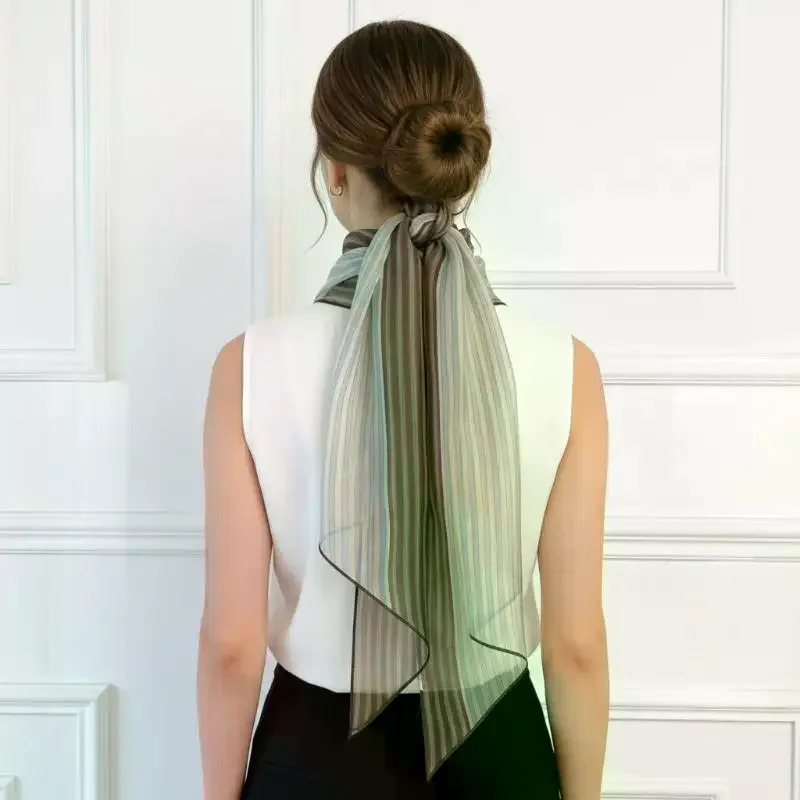 Women's Vintage Striped Silk Scarf – Double Sided Print Lightweight Neck Scarf for Office & Daily Wear, Elegant Hair Wrap
