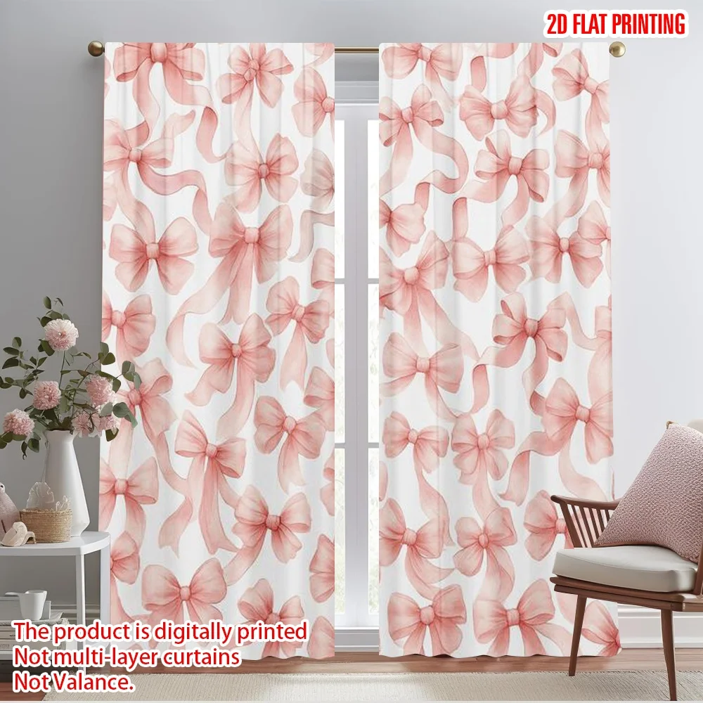 2pcs,2D plane printing Minimalist Curtains Pink Ribbons Bliss Durable 100% Polyester Fabric (without rod) Decorations Inside for
