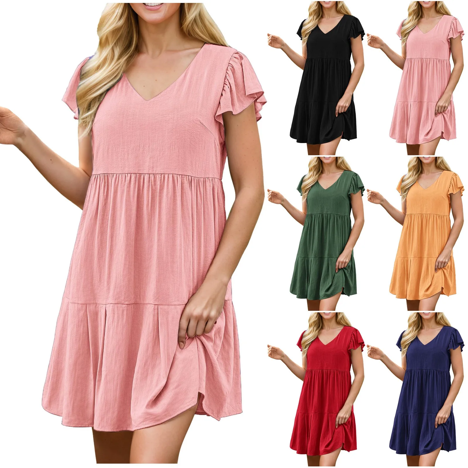 

Women's Casual Cap Sleeve V Neck Layered Ruffle Hem Short Dress Teen Summer Dresses