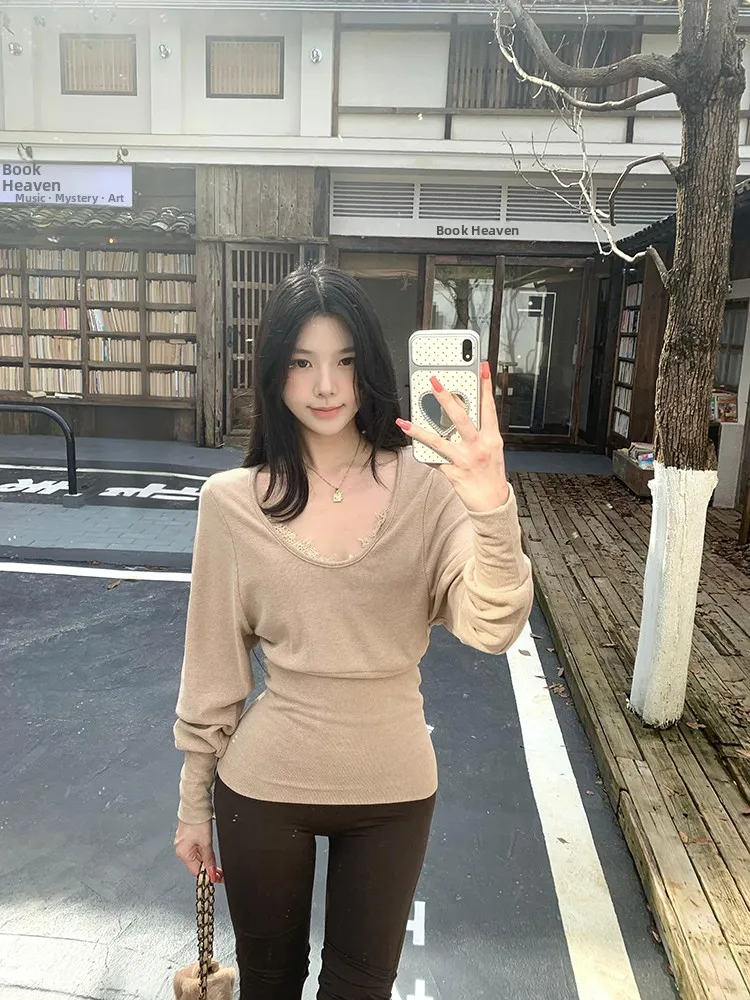 MosesQueen Queen Moses Long Sleeve U-Neck Slim Fit T-Shirt Waist Cinched Patchwork Top for Women Autumn New Style Hot Girl
