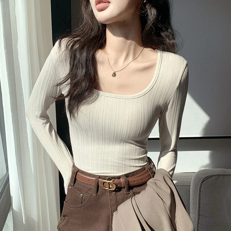 

Women Square Collar Solid Bottoming Sweater Long Sleeve Slim Knit Pullovers Casual Office Sweater Women 2025Fall Winter t shirts