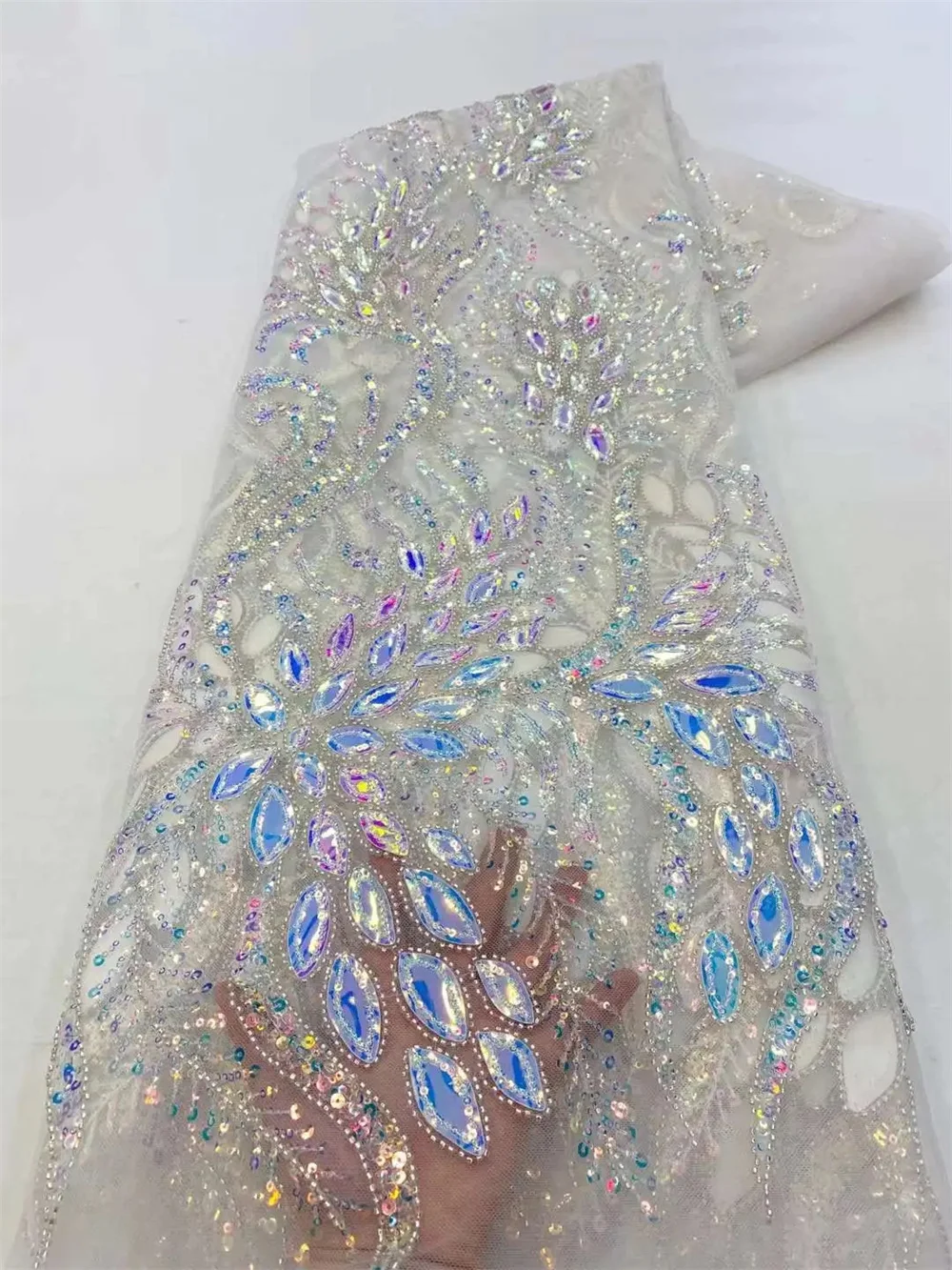 Delicate Mesh Net Tulle Swiss Intricate Embroidery Fabric with Glitter Sequin and Bead Tube for Sewing High-End Wedding Dresses