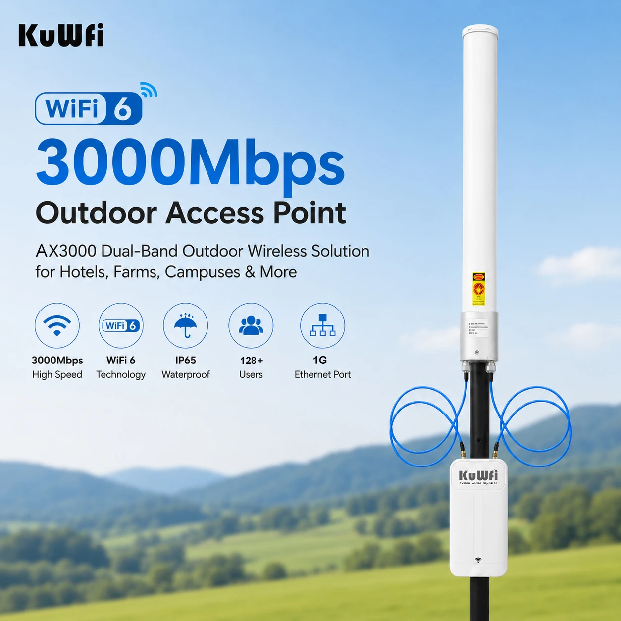 KuWFi AX3000 WiFi6 Outdoor Solar AP IP65 Level 4KV Surge 500meter Gigabit Long Range 360° Outdoor Access Point for Campus Wifi