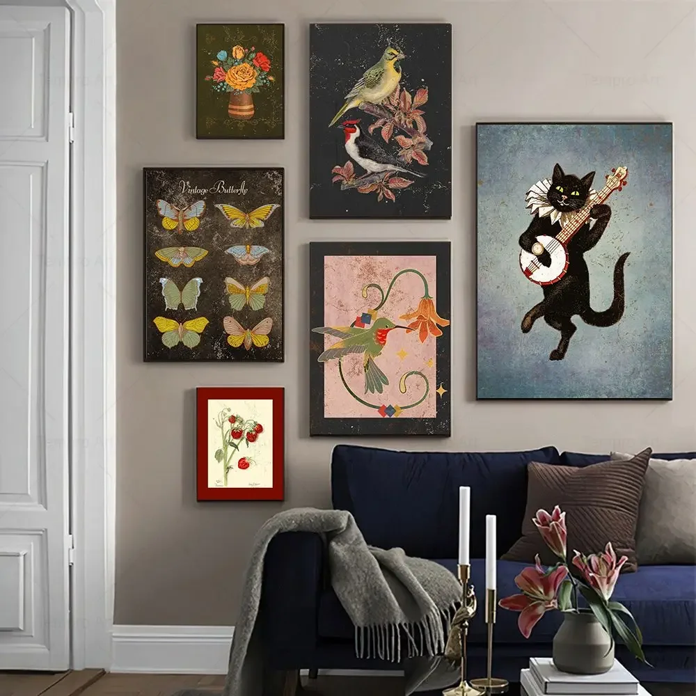 Vintage Botanical Flower Gallery Wall Art Canvas Painting Eclectic Print Butterfly Guitar Cat Antique Poster Living Room Decor