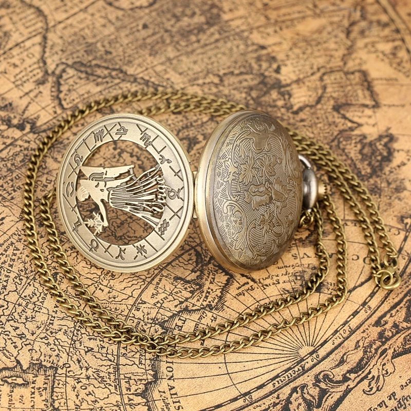 Antique Hollow Twelve Constellations Theme Quartz Analog Pocket Watch Roman Numeral Display Pendant Chain Watch Birthday Gift