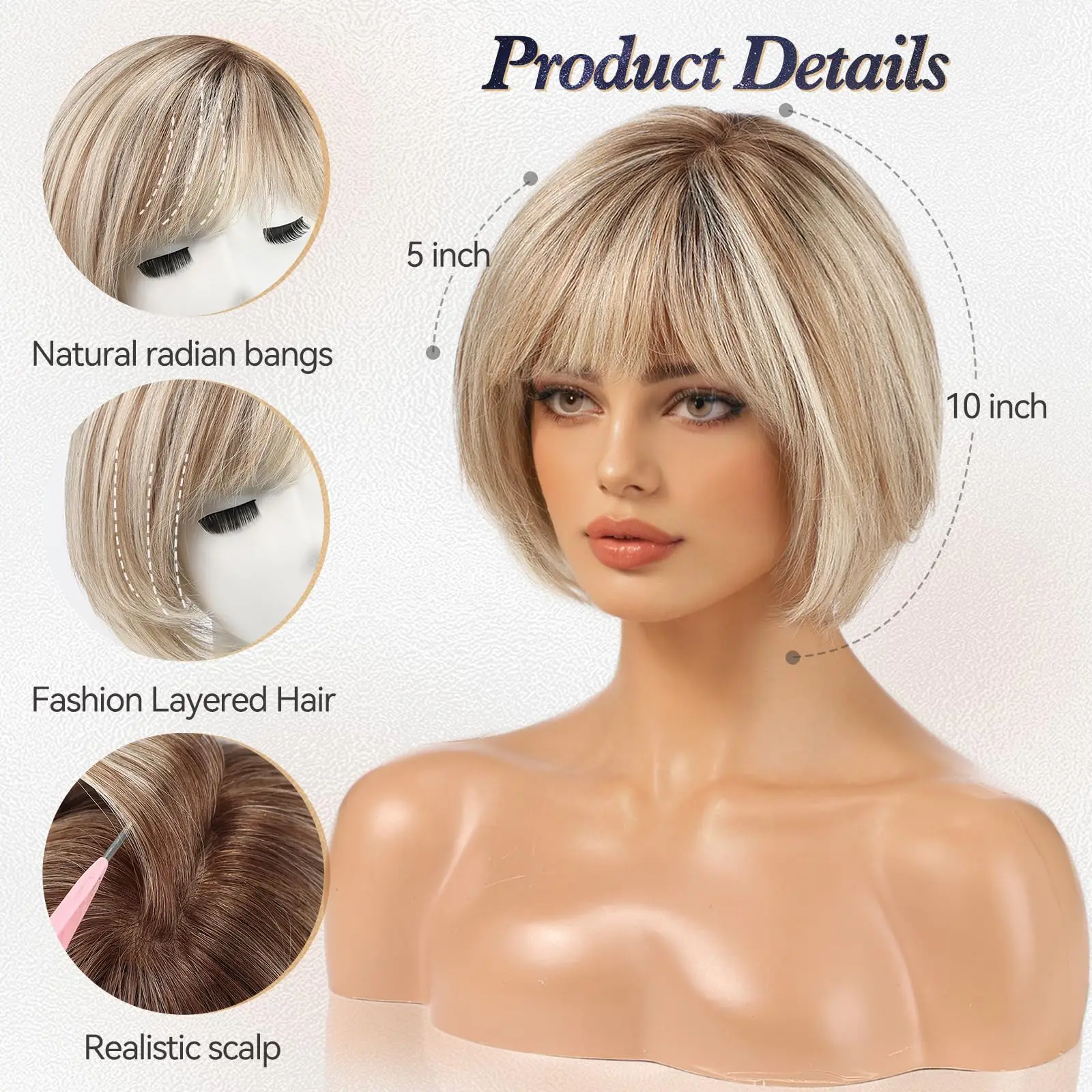 Real Human Hair Topper for Women 6.5x6.5 Base Ombre Blonde Brown Highlight Short Bob Bangs Side Part Silk Base Cover Gray Roots
