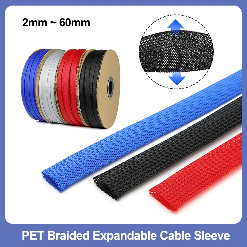 

Black Red Grey Blue 2mm - 60mm PET Braided Cable Sleeve Expandable High Density Insulation Line Protector Wire Wrap Sheath DIY